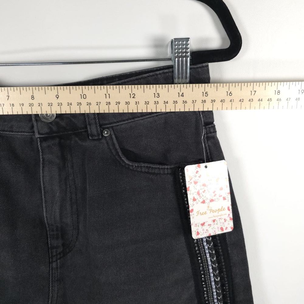 NWT FREE PEOPLE Embellished Rhinestone Side Stripe Denim Mini Skirt Raw Hem Sz 6 - Picture 7 of 16
